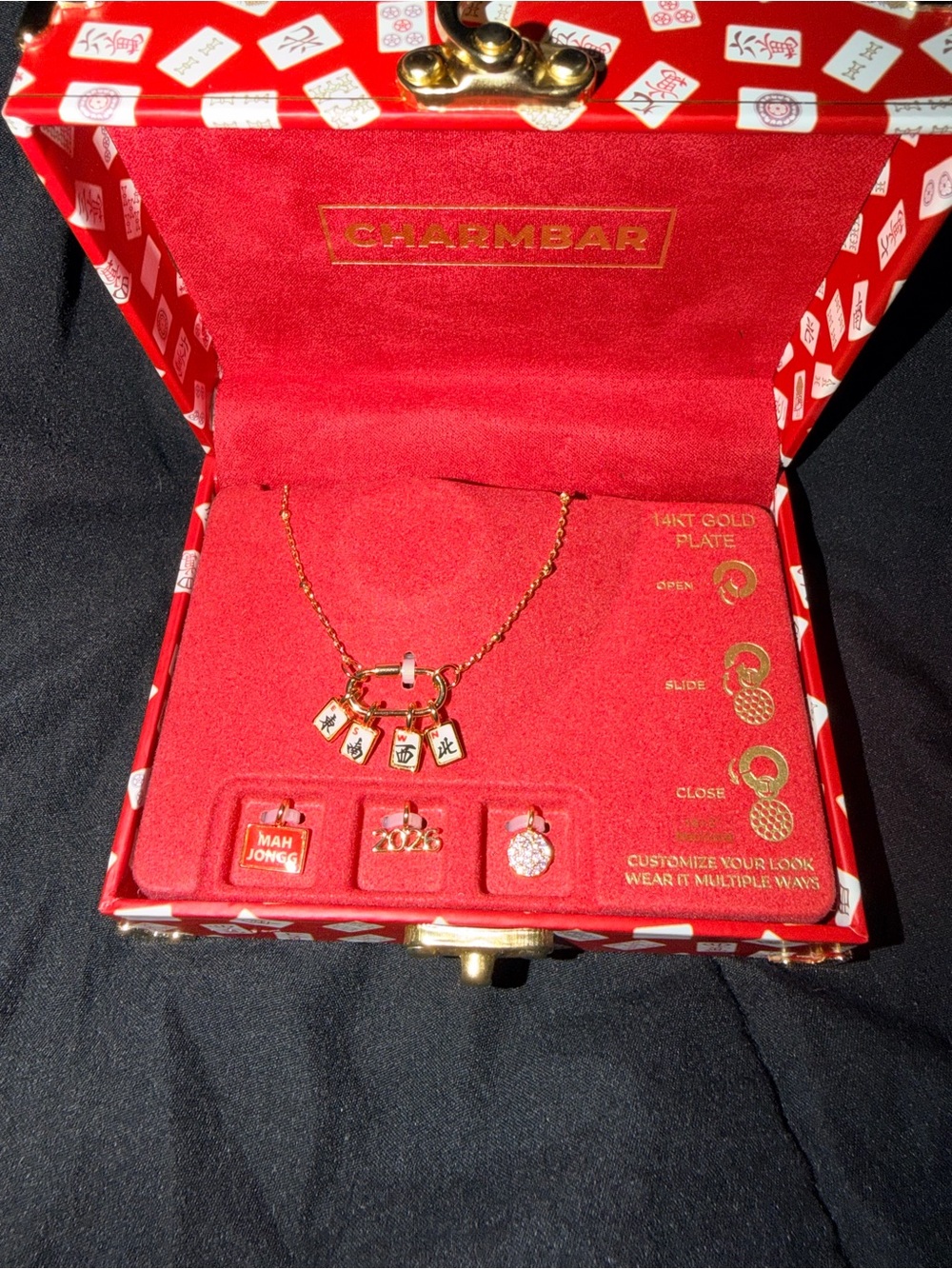 Charmbar Gold-Tone Mahjong Tile Necklace with Red Accents